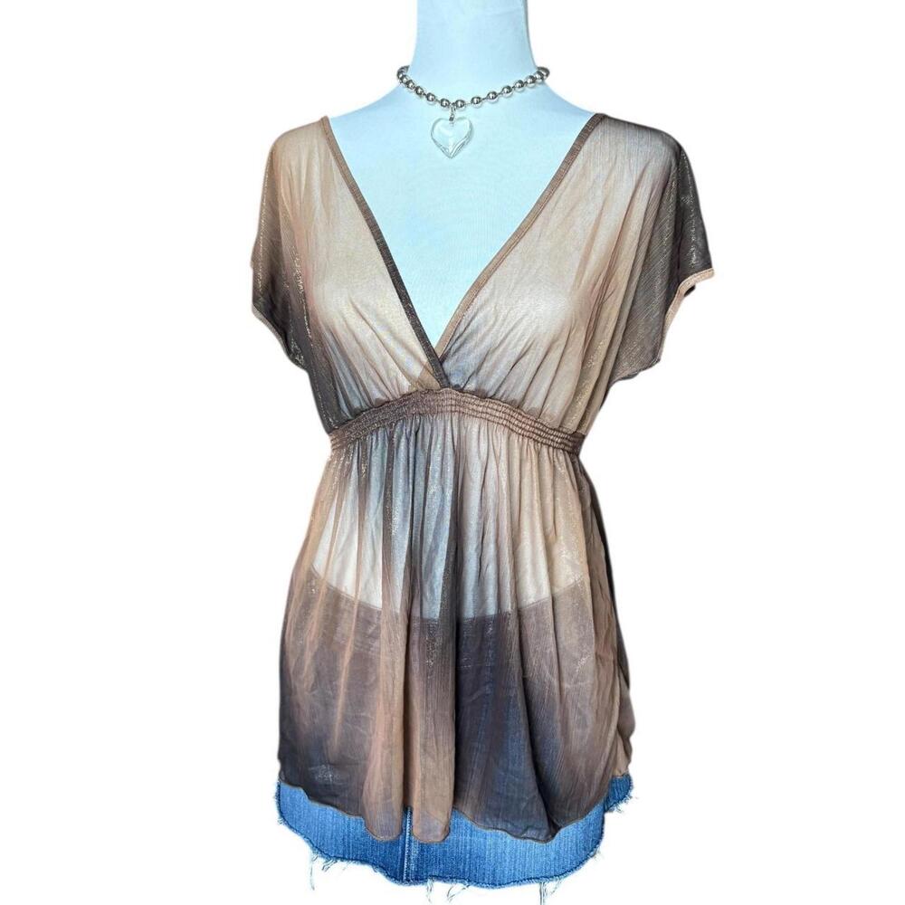 y2k brown sheer babydoll blouse with v-neckline